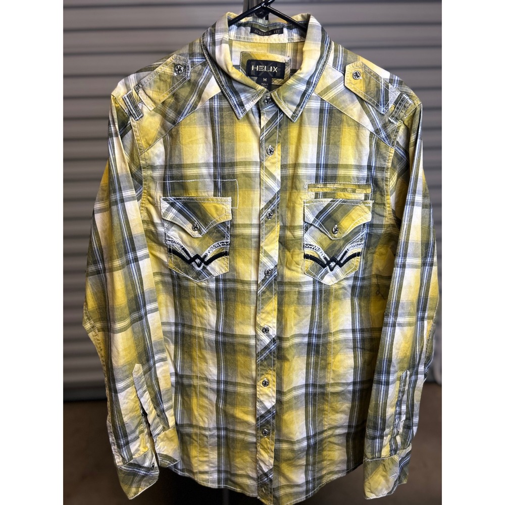Helix Button Down Shirt Mens M Yellow Plaid Athletic Fit Western Pocket Gothic
